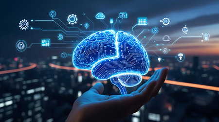 Hand holding digital brain interface over cityscape background. 3D renderingの素材