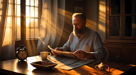Handsome bearded man reading a newspaper at home in the morningの素材