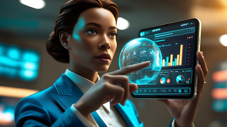 Portrait of african american businesswoman pointing at tablet with infographicsの素材