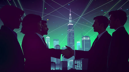 Silhouettes of business people shaking hands against abstract glowing city backgroundの素材