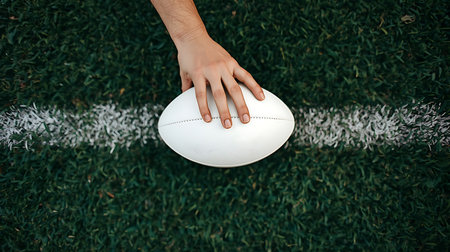 Cropped image of rugby player holding ball on field with white lineの素材