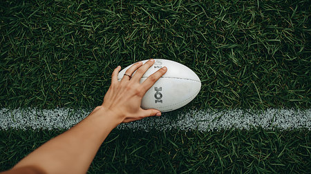 cropped shot of woman holding rugby ball on green grass with white lineの素材