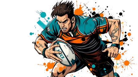 Rugby player in action with a ball. Vector illustration.の素材