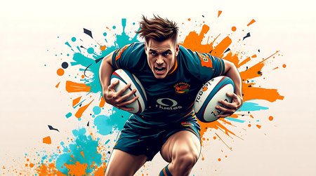 Portrait of a rugby player in action on a white background with colorful splashes.の素材