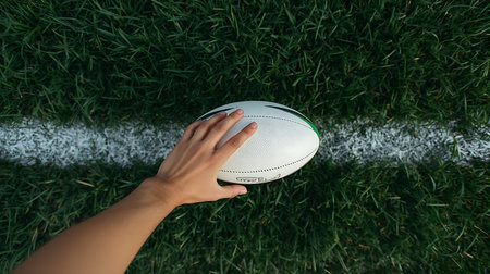 cropped shot of rugby player holding ball on field with white lineの素材