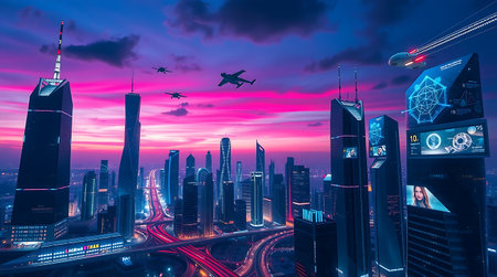 Abstract glowing digital interface with icons and symbols on dark background. Technology concept. 3D Renderingの素材