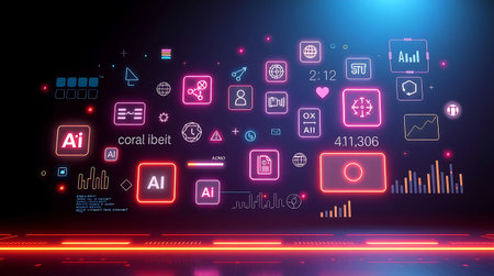 Neon glowing interface with icons on dark background. Technology concept. 3D Renderingの素材