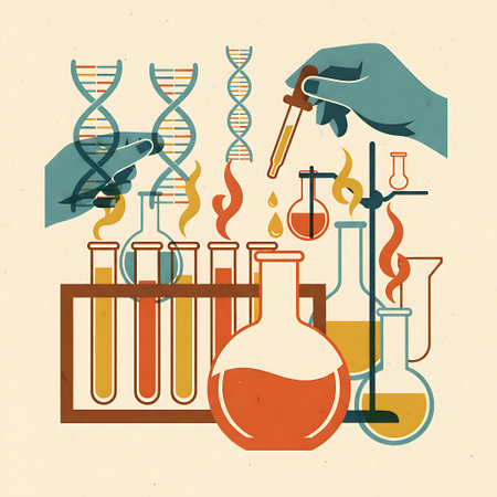 Vector illustration of scientist hand with test tubes and dna molecule.の素材