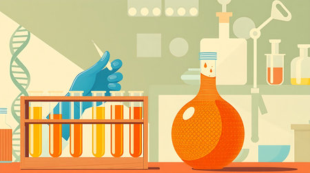 Vector illustration of laboratory with flask and test tubes. Flat style design.の素材