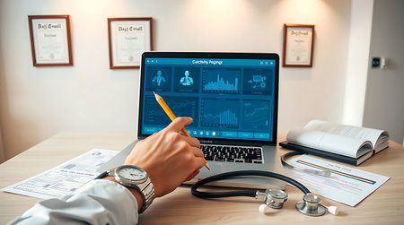 Doctor working with laptop and stethoscope on table in modern hospitalの素材