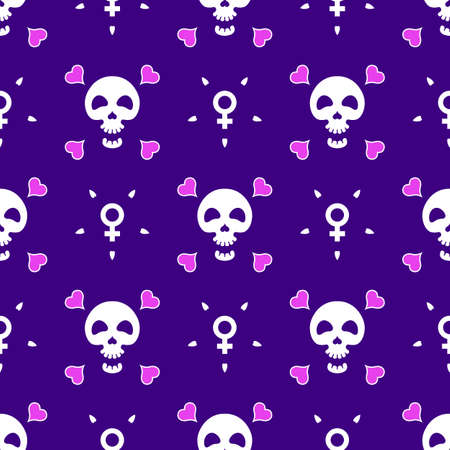 Skull with heart and symbol of Venus. Vector seamless texture.のイラスト素材
