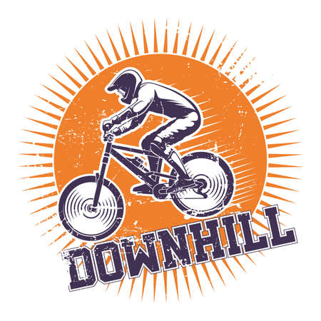 The emblem of the rider descends from the mountain. Grunge effect, inscription Downhill.のイラスト素材