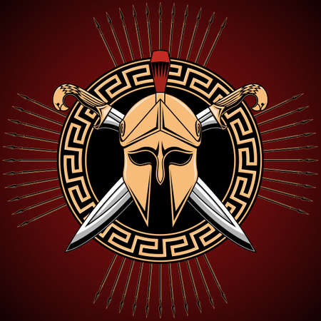 Greek helmet with crossed swords. Greek ornament. Color drawing.のイラスト素材