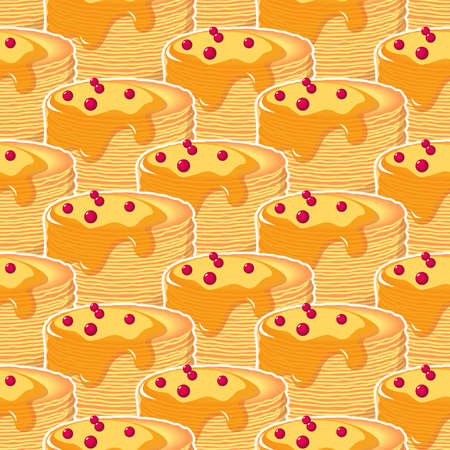 Pancakes with honey and cherry seamless pattern.のイラスト素材