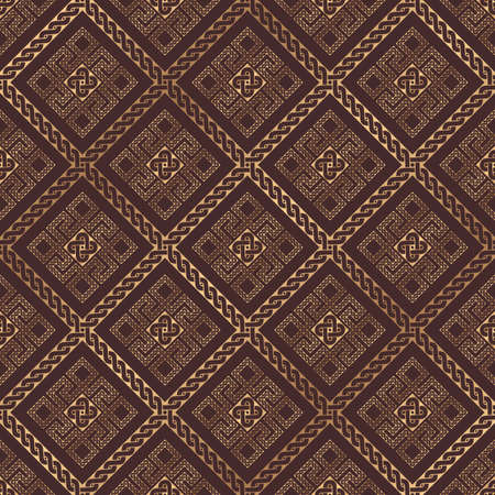 Golden antique ornament on brown background. Seamless pattern.のイラスト素材