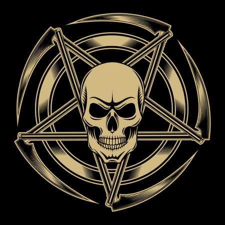 Pentagram of scythes with a skull in the centerのイラスト素材