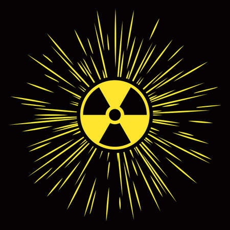 Symbol of ionizing radiation with radioactive rays. Yellow on black background.