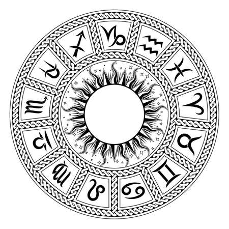 Zodiac circle with astrological symbols. 13 signs of the zodiac. Vector vintage illustration.のイラスト素材