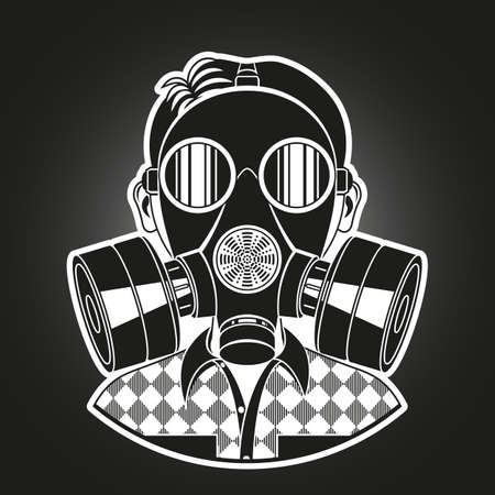 Little boy with gas mask. Monochrome vector illustration.のイラスト素材