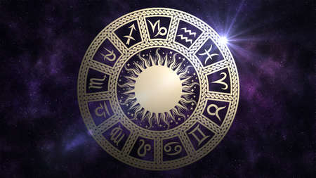 Zodiac circle with astrological symbols. 13 zodiac signs in the starry space.の写真素材