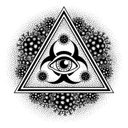 The all-seeing eye and biohazard symbol in a triangle. The triangle is covered with coronavirus particles.のイラスト素材