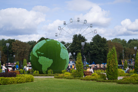 RUSSIA, TULA - SEPTEMBER 09, 2017: Central Park of Culture and Recreation, big, green globe.