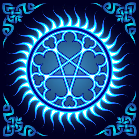 Ancient pagan pattern, circular ornament, neon light.のイラスト素材