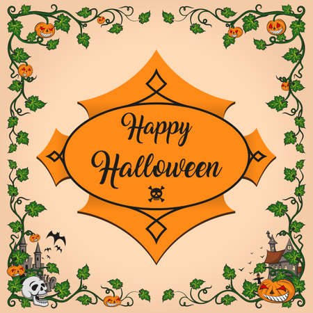 Halloween corners smiling pumpkin and skull, corners consisting of pumpkin leaves.のイラスト素材