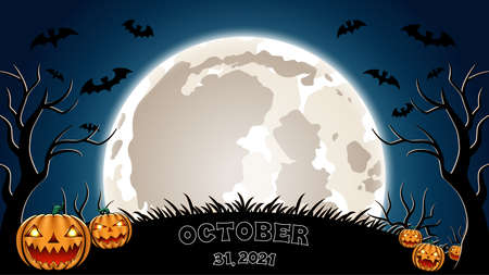 Halloween template (october 31, 2021). Pumpkins, bats and big moon.のイラスト素材