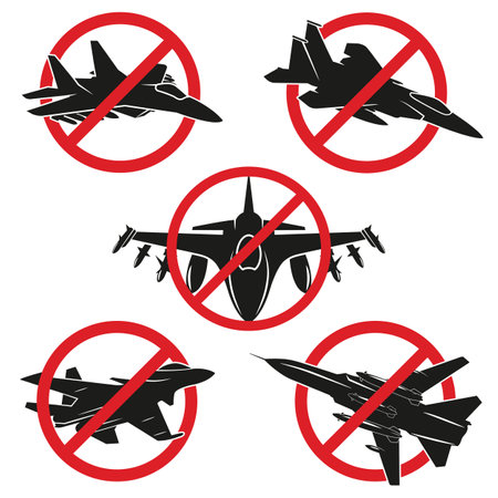 No-fly zone, vector set of five icons. Five fighter jets.のイラスト素材