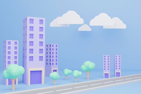 High-rise building model on blue background, city tall buildings, high-rise housing type, city...