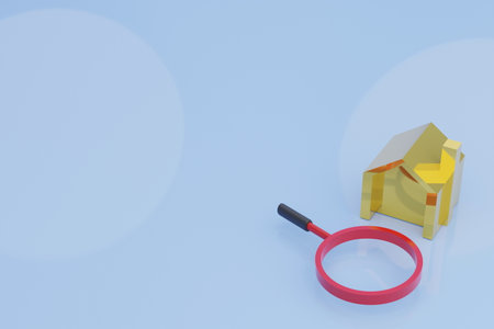 golden house model on blue background and magnifying glass, housing search, best housing selection, 3d illustration with soft lightの写真素材