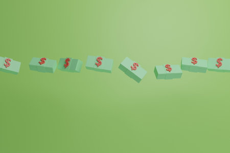Dollar bills floating across a green background.3d render illustration with soft lights.の写真素材