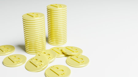 A pile of gold bitcoins against a white background.3d render illustration with soft lights.の写真素材