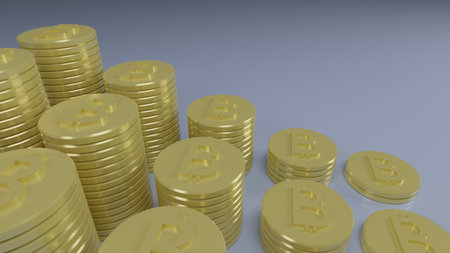 3d render bitcoin coin Arranged in ascending bars on a light blue background.