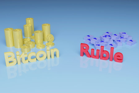 Comparison between Bitcoin and Russian Ruble, Ruble, Bitcoin, 3D render.