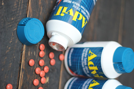 Bangkok, Thailand : December 06 2021 - pain reliever ibuprofen tablets 200 mg advil brand, the most popular pain reliever in America.のeditorial素材