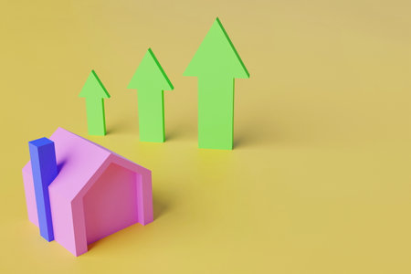 House with arrows up on a yellow background. 3D rendering.の写真素材