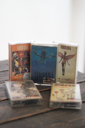 Bangkok, Thailand - January ,22 2022 : 90's cassette tapes of Nirvana Albums Incesticide, Nevermind,...
