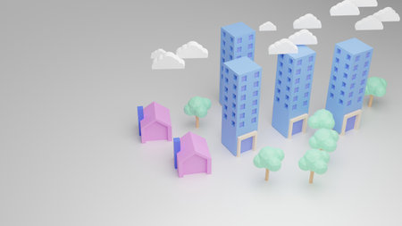 3d illustration of skyscraper in grey background with clouds and treesの写真素材