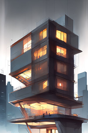 Modern office building in the evening. 3d rendering, double exposure, AI rendering, building watercolor, building at night.の写真素材