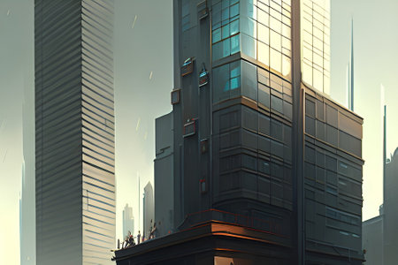Foggy city street in the morning. 3d illustration, modern buildings in the city, future city.