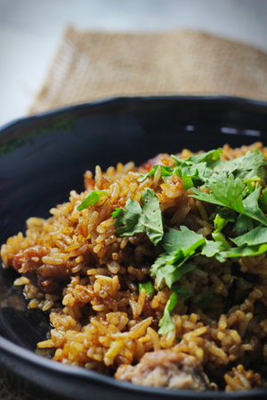 Fried rice in black plate,Train fried rice,Chinese style fried rice,Thai food.の写真素材