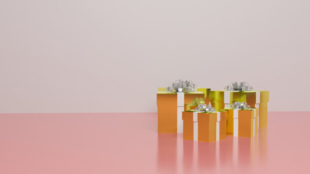 Gift boxes on pink and yellow background. 3D rendering.の写真素材