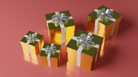 3d render of a group of gift boxes with bows and ribbonsの写真素材