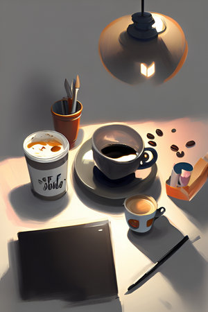 Coffee cup, tablet and coffee beans on table. 3D renderingの素材