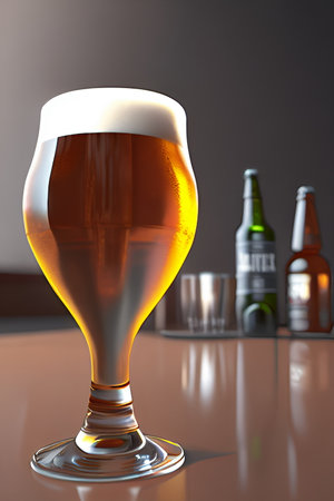 Glass of beer with a bottle on the table. 3d renderの素材