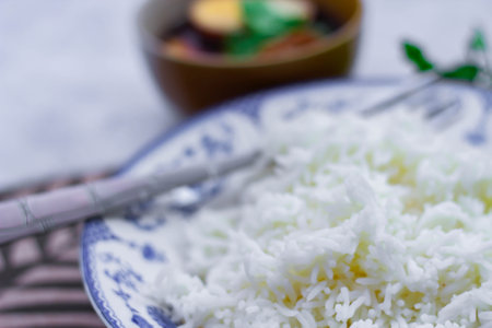 Steamed rice in an ancient plate and Stewed Eggs, Thai food and street food that are common in Thailand.の写真素材