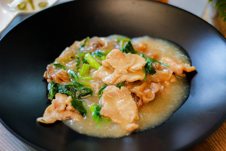 Wide Rice Noodles with pork in Gravy Sauce in black Plate or what we call " Rat-na " in Thai, in thailandの写真素材