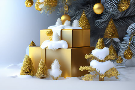 3D render of golden gift boxes with christmas tree and snowの素材